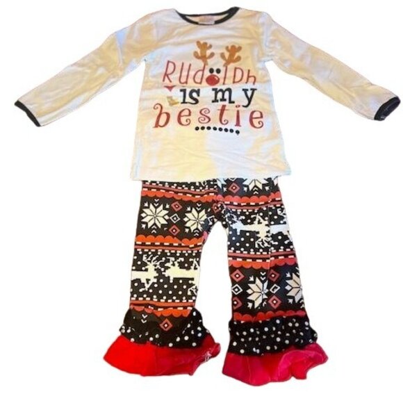 Toddler Christmas Outfit Rudolph Is My Bestie Long Sleeve Top & Ruffle Pants Set - Picture 2 of 6